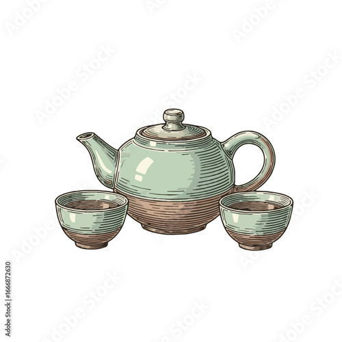 Traditional Chinese Tea Ceremony Set Hand-drawn Vector Illustration with Teapot and Cups, Ideal for Cultural Celebration Designs