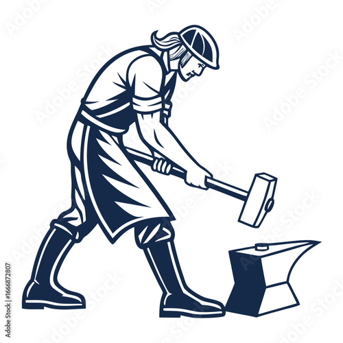 Stylized monochrome illustration of a blacksmith with long hair helmet and apron hammering on an anvil.