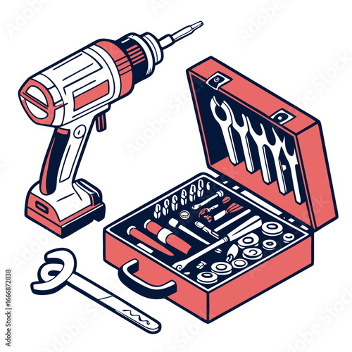 Stylized isometric illustration of a red toolbox cordless power drill and wrench set.