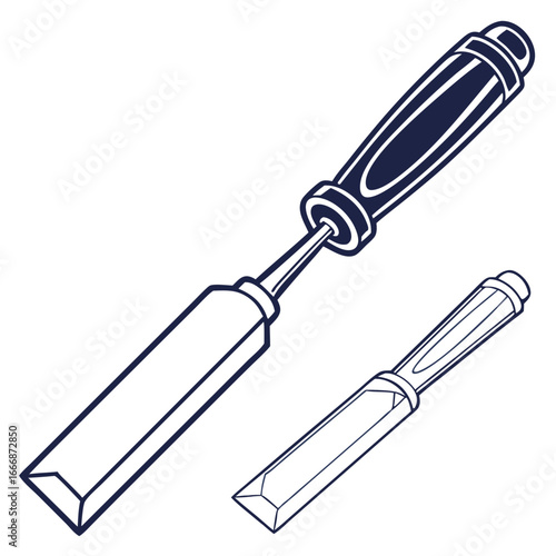 Two monochrome line art illustrations of a woodworking chisel with a beveled blade and handle.