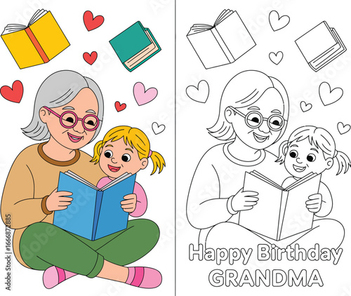 Heartwarming cartoon illustration of a grandmother and her granddaughter reading a storybook, celebrating family love, learning, and precious intergenerational bond