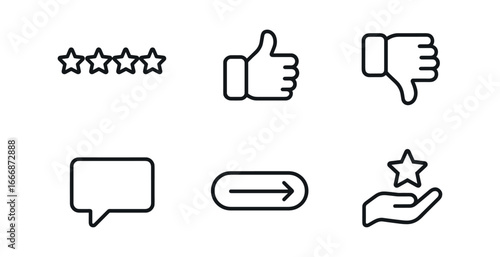 vector outline icons customer support chat (feedback prompt): star rating thumbs up thumbs down comment box submit button thank you icon.