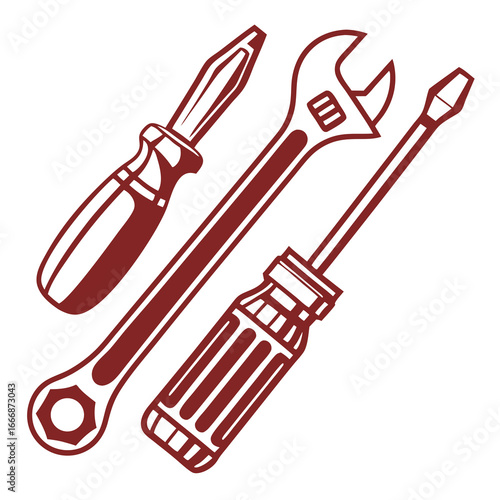 Vector Illustration of Three Tools Screwdrivers and Adjustable Wrench.
