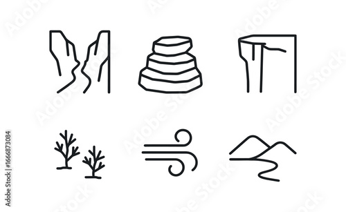 vector outline icons karst (eroded ridge): narrow path layered rock cliff edge sparse shrubs wind distant hills.
