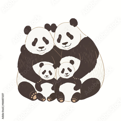 Adorable panda family illustration with parents hugging two cute cubs, representing love, unity, and the spirit of Chinese wildlife.