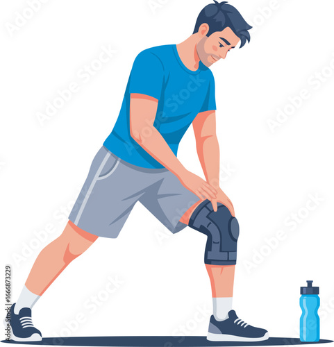 A man in athletic wear stretching his leg, wearing a knee brace, preparing for exercise or recovery.