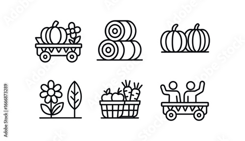 vector outline icons harvest celebration (parade float): decorated wagon hay bales pumpkins flowers baskets of produce waving riders.