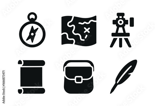 vector solid black filled icons geophysicist (historic): brass compass hand drawn maps theodolite parchment leather satchel ink pen.