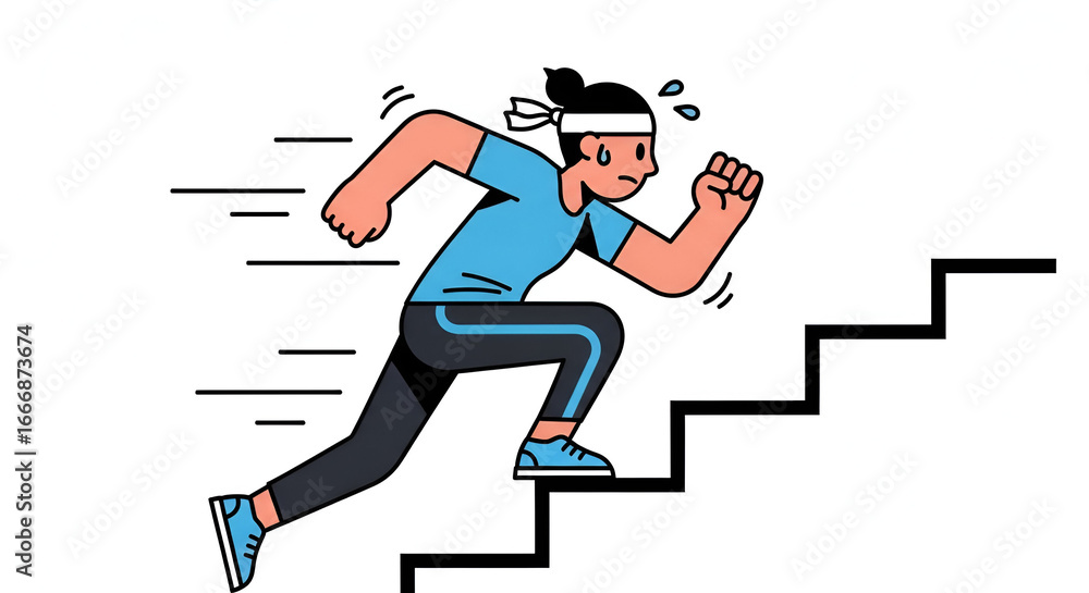 Fototapeta premium Sprinting Up Staircase, Arms Pumping, Sweat Flying, High-Intensity Cardio, Athletic Training Illustration