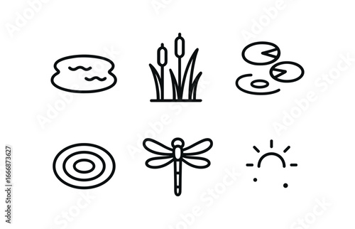 vector outline icons glade (hidden pond): small water pool reeds lily pads ripples dragonfly soft light.