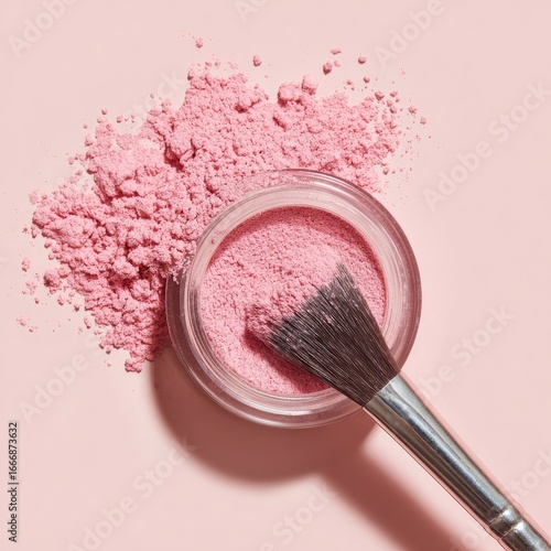 Light pink powder makeup in a clear jar with a makeup brush