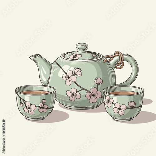 Elegant Chinese Tea Set with Cherry Blossom Design Teapot and Cups for Traditional Tea Ceremony or Asian Celebration