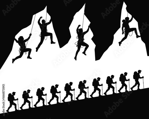 Silhouette Climbers Vector Illustration of Mountaineers Scaling Peaks