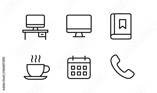 vector outline icons apprenticeship stage (office): desk computer guidebook coffee cup calendar phone.