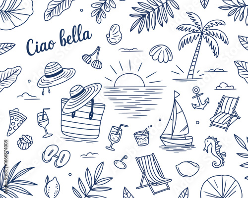 Hand-drawn doodle pattern of summer beach vacation elements, including sun, sea, palm tree, sailboat, beach chair, and accessories