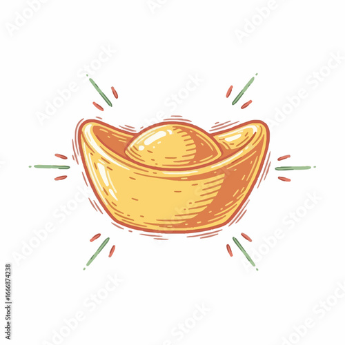 Hand Drawn Golden Chinese Yuanbao Ingot Illustration with Radiant Glow, Symbolizing Wealth, Prosperity, and Good Fortune for Celebrations