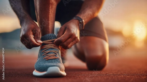 An athlete ties their running shoe, preparing for an early morning workout on a track.