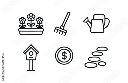 vector outline icons hidden object quest (garden scene): flower bed rake watering can birdhouse hidden coin stone path.