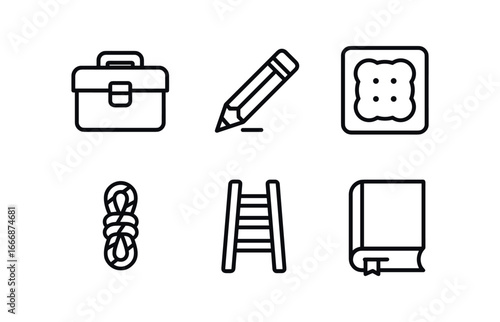vector outline icons tenacity (daily life): toolbox broken pencil patch kit rope knot ladder heavy book.