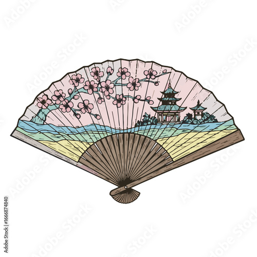Traditional Asian Folding Hand Fan with Cherry Blossom Tree and Ancient Pagoda Building Artwork, Cultural Decor, Oriental Celebration Asset