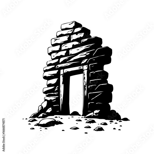 Monochrome illustration of an ancient stone ruins doorway with crude stonework construction and
