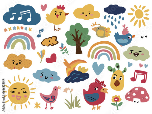 Whimsical Weather & Nature Doodle Collection Smiling Sun, Birds, Rainbows, and Clouds