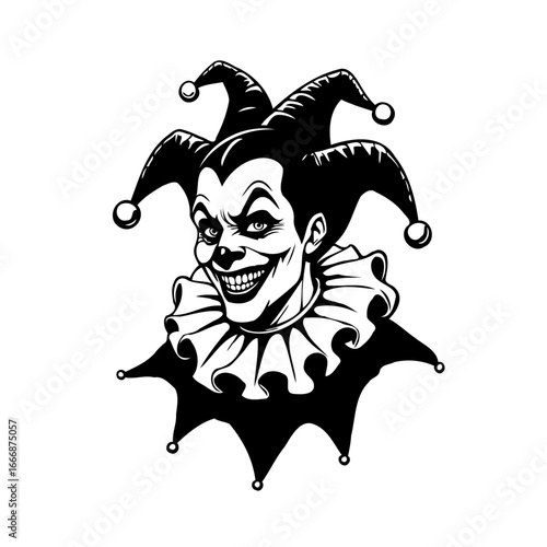 Monochrome jester artwork presenting a smiling face with a hat and ruffled collar design for