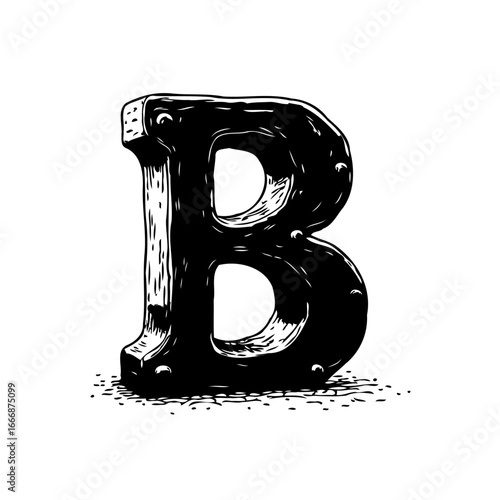 Monochrome letter 'B' illustration with textured shading and industrial-style rivets evokes