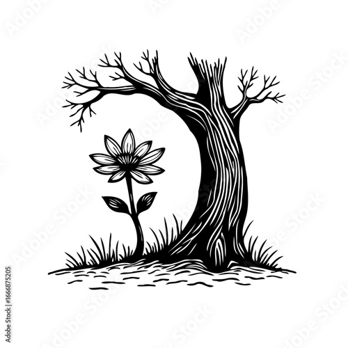 Monochrome linework depiction of resilient flower bloom near gnarled tree showcasing nature's