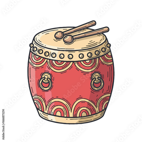 Traditional Chinese Drum with Drumsticks Illustration. Asian Percussion Instrument for Cultural Celebration, National Day Assets, Festival, Oriental Music.