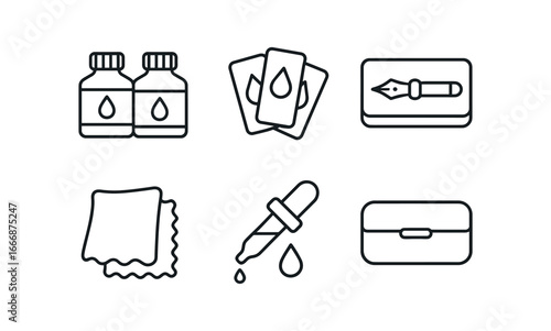 vector outline icons fountain pen (color inks): bottles swatches pen tray cleaning cloth pipette case.