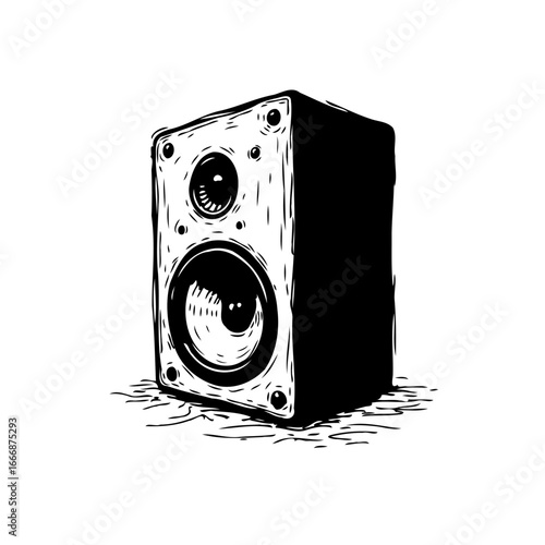 Monochrome loudspeaker illustration showcasing acoustic technology and music representation