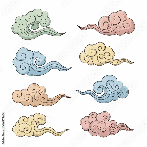 Set of hand-drawn traditional Chinese auspicious clouds. Oriental Asian cultural symbols, decorative design elements for national celebrations and prosperity.