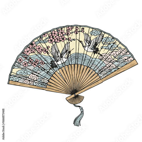 Elegant Traditional Asian Hand Fan Vector Illustration with Graceful Cranes and Pink Cherry Blossoms. Oriental Cultural Design.