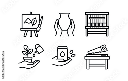 vector outline icons nature themed fair (workshops): painting class pottery demo weaving loom plant care lesson seed exchange woodworking table.