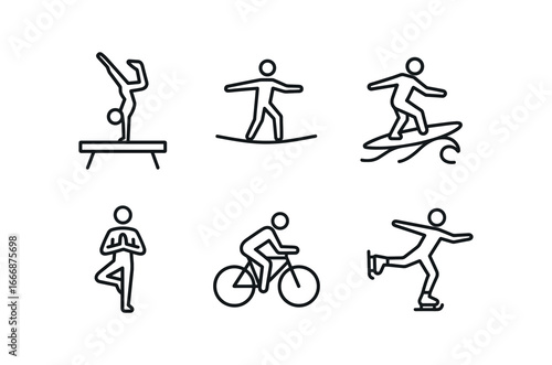 vector outline icons balance (sports): gymnast on beam tightrope walker surfer on wave yoga pose cyclist ice skater.