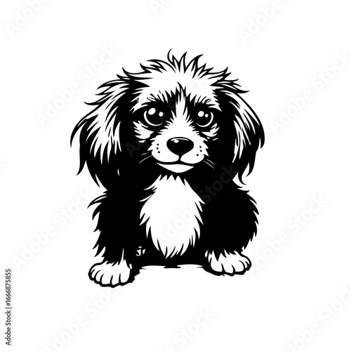 Monochrome portrait of a charming canine companion with expressive eyes and distinctive fluffy fur