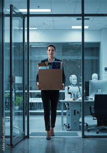 businesswoman leaving office with box as robot takes over his desk and computer