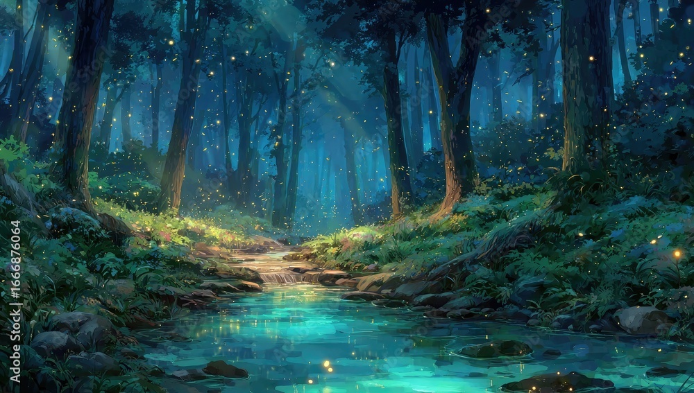 Naklejka premium Mystical night forest, glowing stream