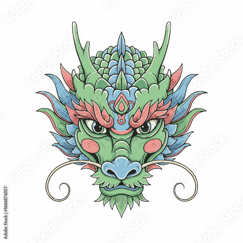 Vibrant Traditional Chinese Dragon Head Illustration. Mythical Creature Artwork Symbolizing Celebration, Prosperity, and Good Fortune.