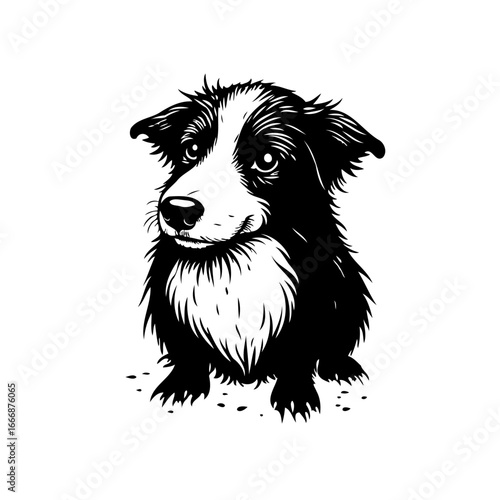Monochrome rendition of a border collie featuring its distinctive coat with fine detail showcased
