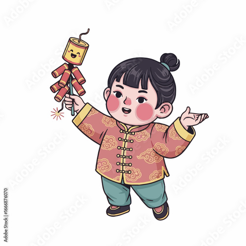 Cheerful cartoon Chinese child in traditional costume holding firecrackers, celebrating a festive national holiday or cultural event.