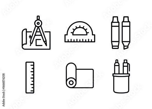 vector outline icons drawing compass (drafting table): blueprint protractor markers ruler paper roll pen case.