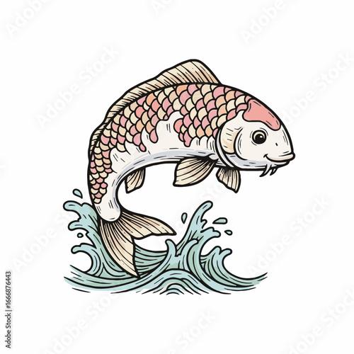 Traditional Chinese koi fish illustration jumping from water, symbolizing prosperity and good fortune for National Day celebrations.