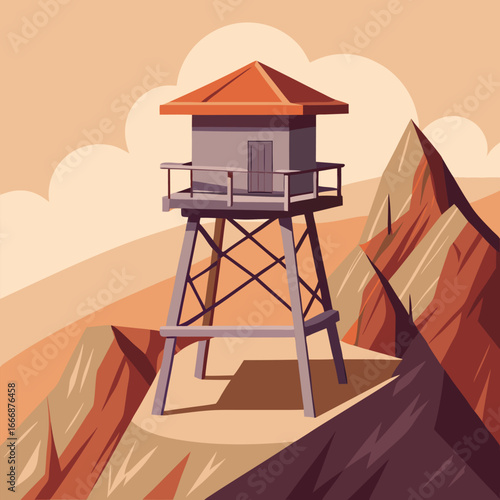 a cartoon illustration of a guard tower on top of a mountain.