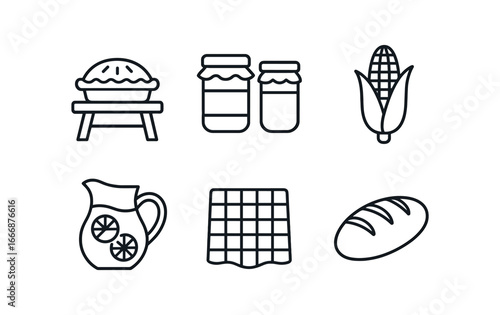 vector outline icons country fair (food stalls): pie table jam jars corn on cob lemonade jug checkered cloth baked bread.