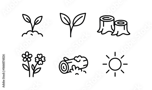 зA vector outline icons coppice (spring growth): fresh shoots green leaves cut stumps wildflowers mossy logs soft sunlight.