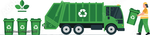 A Flat Design Illustration Showcasing a Garbage Truck and Recycling Bins, Emphasizing Waste Management and Environmental Responsibility