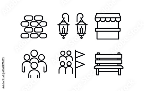 vector outline icons folk gathering (village square): cobblestones lanterns market stalls crowd flags wooden benches.