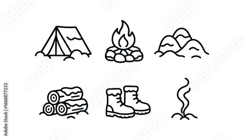 vector outline icons snow dusted forest (camp scene): tent campfire ring snow piles logs boots smoke trail.